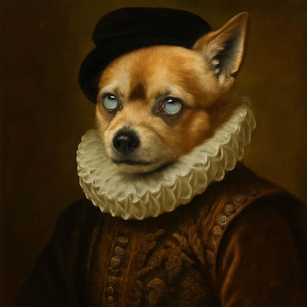 A small tan dog with cloudy eyes sits on patchy grass, looking up with a curious and gentle expression. The sunlight highlights the dog's fur texture while the background shows a mix of green grass and dry patches.