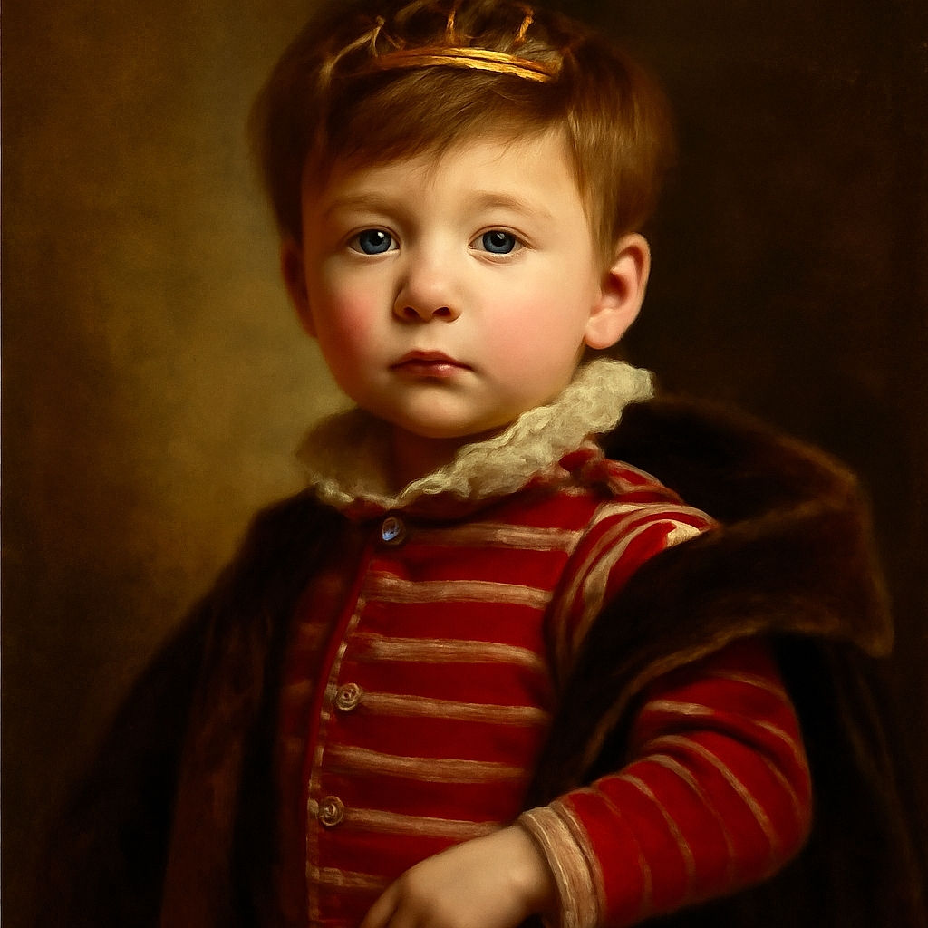 A curious toddler with tousled hair and big blue eyes kneels on a small red chair, wearing a red and white striped shirt and black pants, glancing sideways with a hint of surprise in a cozy living room filled with soft cushions and a colorful sippy cup nearby.