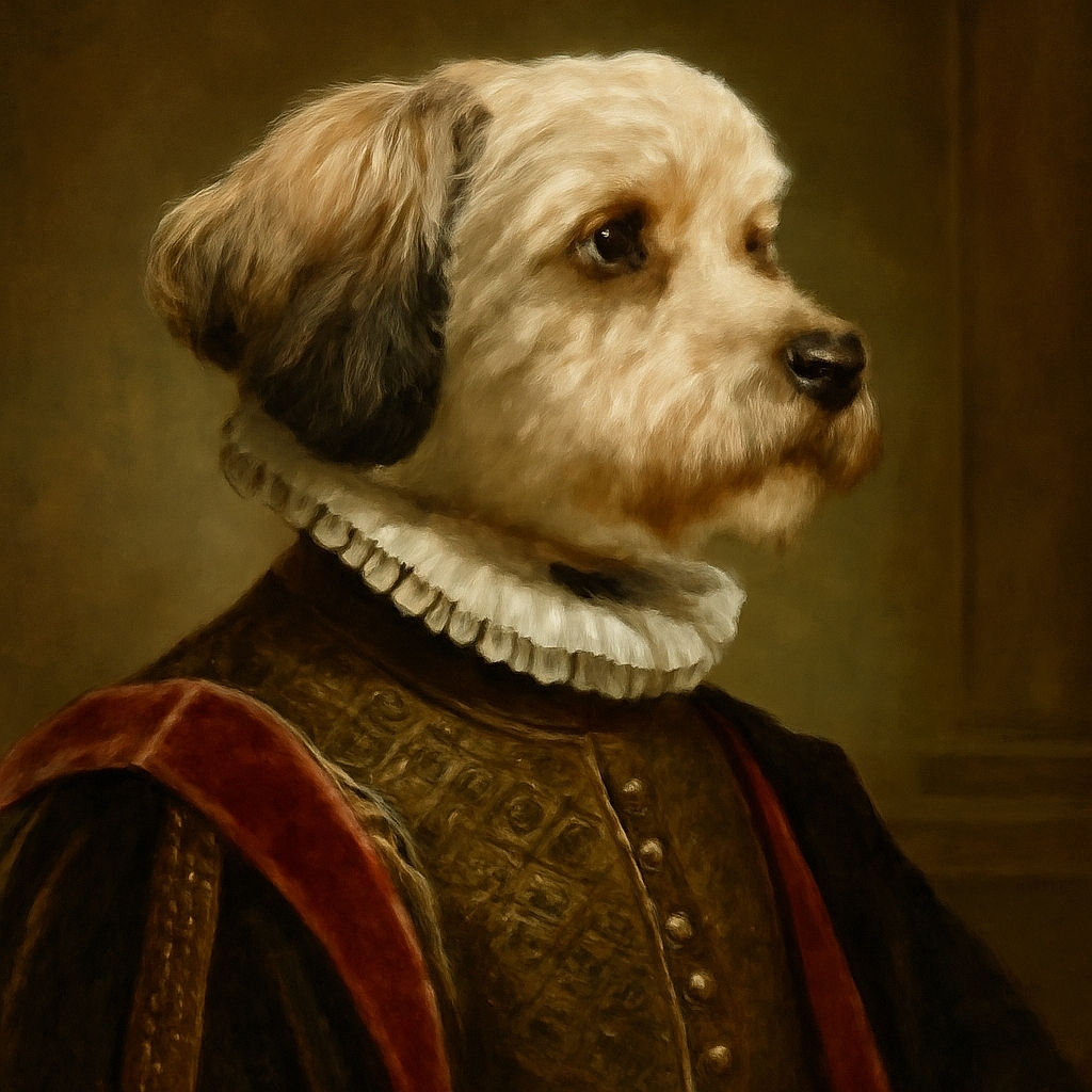 A fluffy dog with freshly trimmed fur gazes intently to the side while sitting on a sunlit lawn. A hand gently pets the dog, and a person wearing pink shorts is partially visible, adding a warm, casual vibe to this outdoor snapshot.