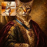 A curious tabby cat sits upright on a wooden floor, raising one paw as if to wave or ask a question, with warm wooden cabinets in the background giving a cozy home vibe.