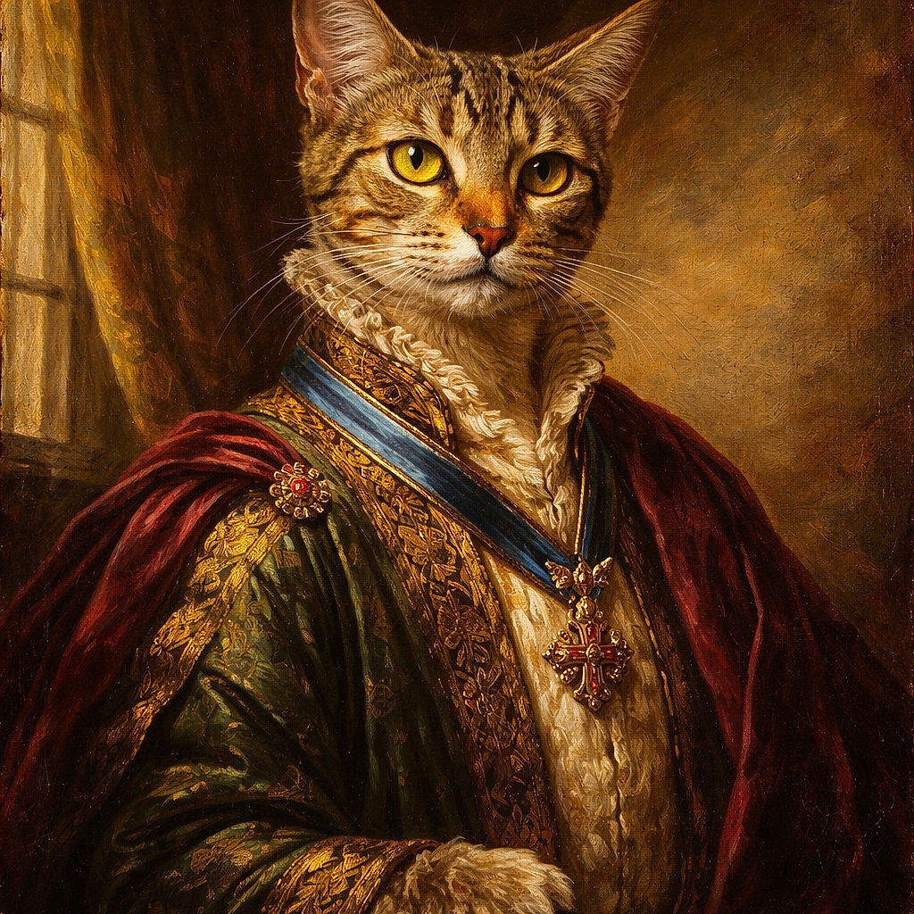 A curious tabby cat sits upright on a wooden floor, raising one paw as if to wave or ask a question, with warm wooden cabinets in the background giving a cozy home vibe.
