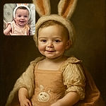 A joyful baby with sparkling blue eyes is dressed in a peachy dress adorned with a cute bunny patch, topped off with fluffy bunny ears, sitting comfortably on a soft blanket and flashing a heartwarming smile.