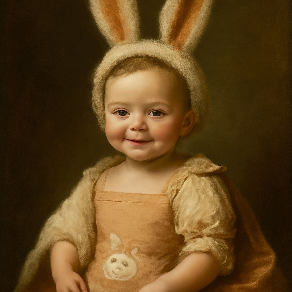 A joyful baby with sparkling blue eyes is dressed in a peachy dress adorned with a cute bunny patch, topped off with fluffy bunny ears, sitting comfortably on a soft blanket and flashing a heartwarming smile.