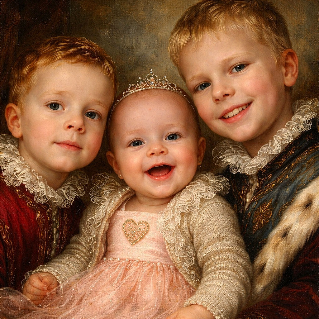 Three siblings cram into a joyful close-up — a giggling baby in a pink dress with a glittery heart between two smiling brothers. The photo is shown as a phone wallpaper, so app icons and the status bar peek over the top like nosy onlookers.