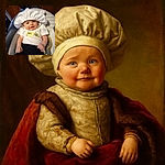 A cheerful baby wearing a cute white hat with little ears and a white shirt with a playful cat face design, reclining comfortably in a cushioned seat with a wooden paneled wall and window in the background.
