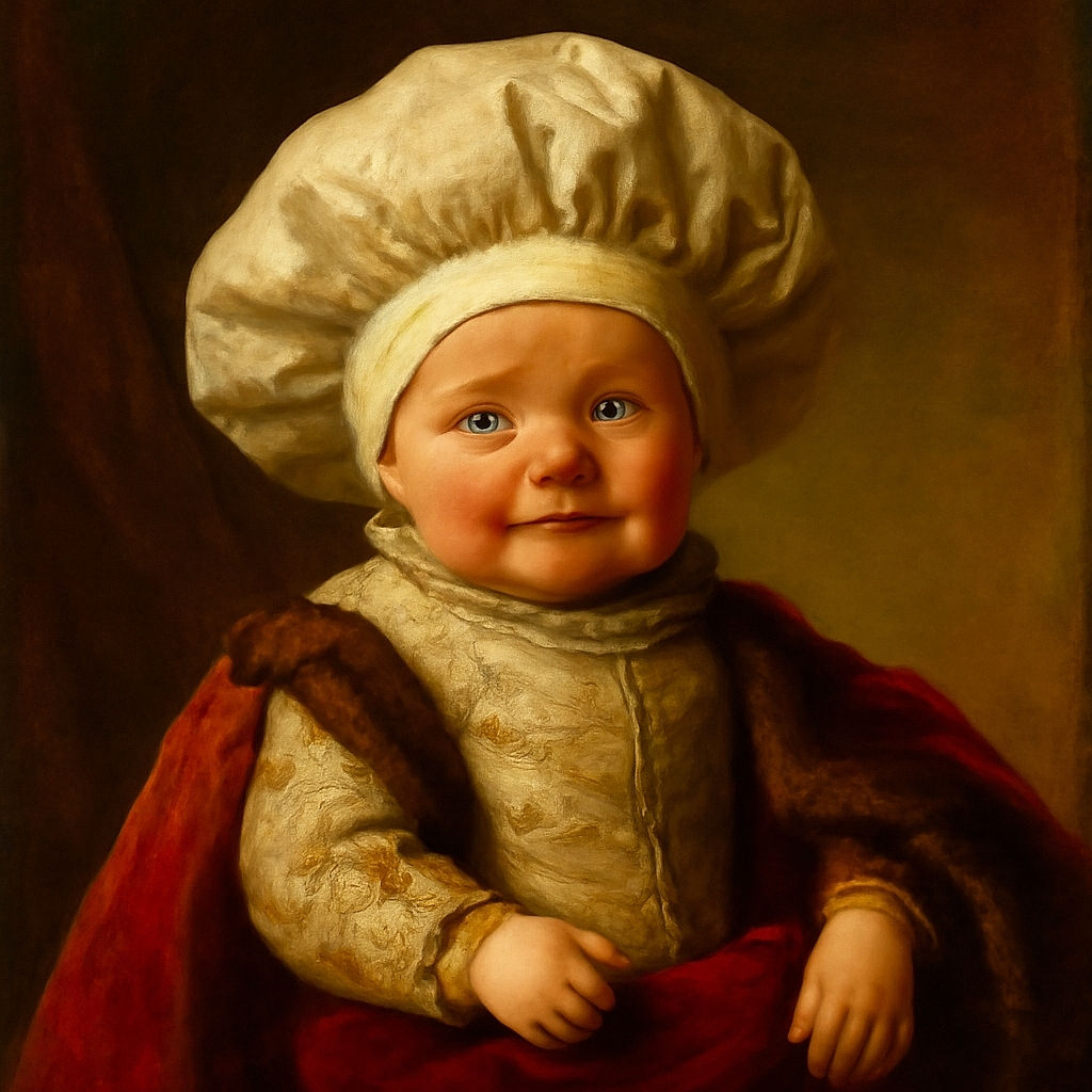 A cheerful baby wearing a cute white hat with little ears and a white shirt with a playful cat face design, reclining comfortably in a cushioned seat with a wooden paneled wall and window in the background.
