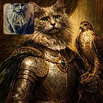 A fluffy gray cat sits like royalty on a carpet throne, giving a solemn, slightly judging stare with big whiskers and a mane worthy of dramatic slow-motion. The close-up crop emphasizes the soft fur and curious eyes — part model, part furry grump.