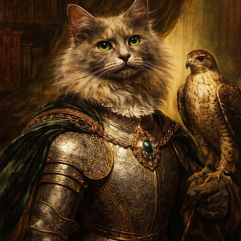 A fluffy gray cat sits like royalty on a carpet throne, giving a solemn, slightly judging stare with big whiskers and a mane worthy of dramatic slow-motion. The close-up crop emphasizes the soft fur and curious eyes — part model, part furry grump.