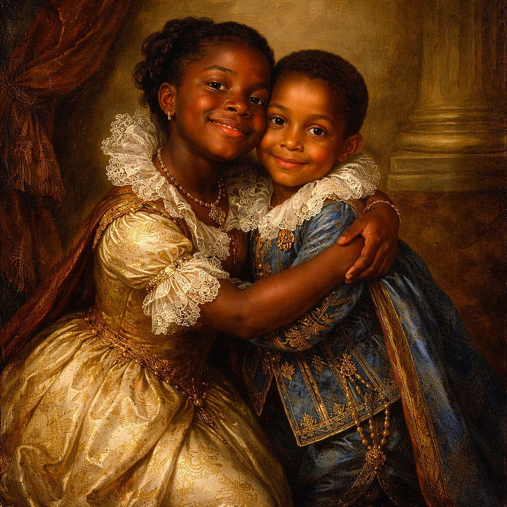 Two kids locked in a joyful hug in a cozy living room — one kneeling with a goofy grin, the other standing like a tiny superhero in plaid overalls. The scene has a warm, vintage snapshot feel with a couch, scattered toys and a cardboard box in the background.