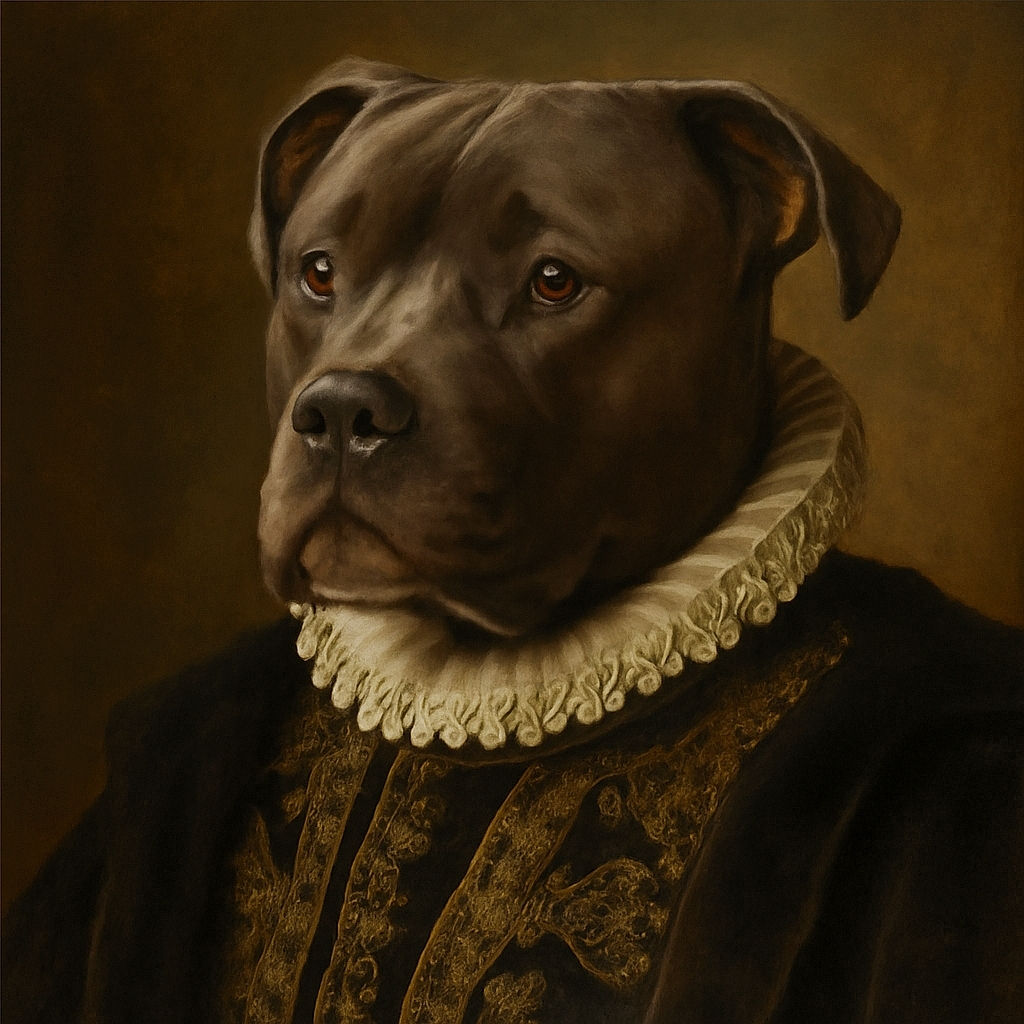 A thoughtful dog with a dark coat is gazing off-camera indoors, sitting near a white surface with a TV remote in the foreground and a decorative knot on the wooden floor in the background.
