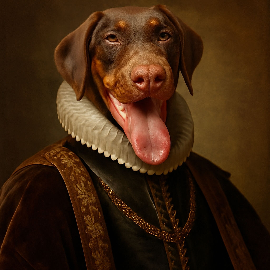 A joyful Doberman lying on a wooden floor with its tongue hanging out, looking like it's ready for a play session or a treat. The background is softly blurred, highlighting the dog's shiny coat and happy expression.