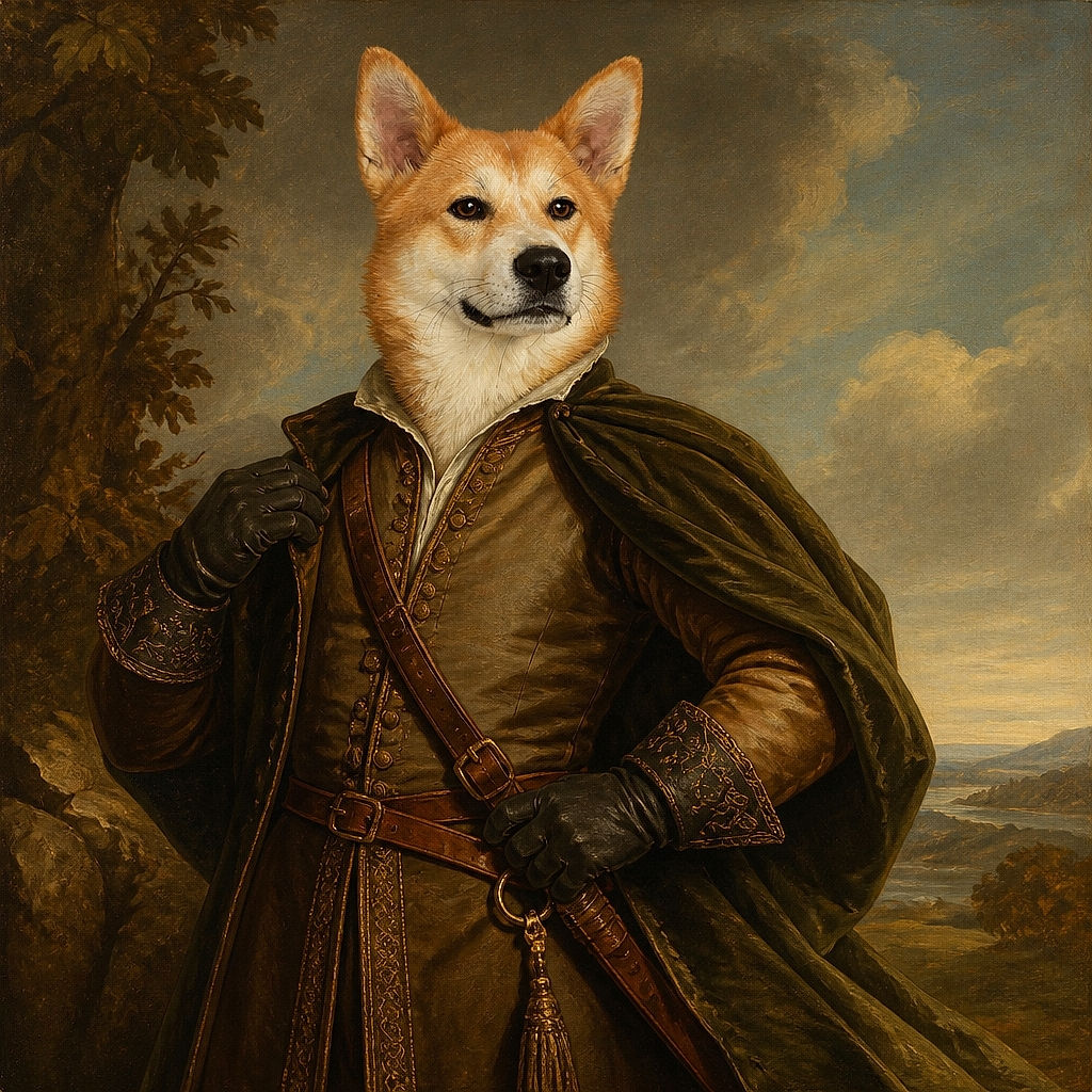 A handsome pointy-eared dog sits proudly on a couch, gazing at the camera like the serious mayor of Snuggle Town while one paw casually drapes across the blanket.