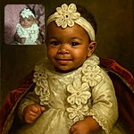 A charming baby dressed in an intricate white lace outfit with matching floral headband, nestled against a soft pink blanket, looking curiously at the camera with a gentle smile.