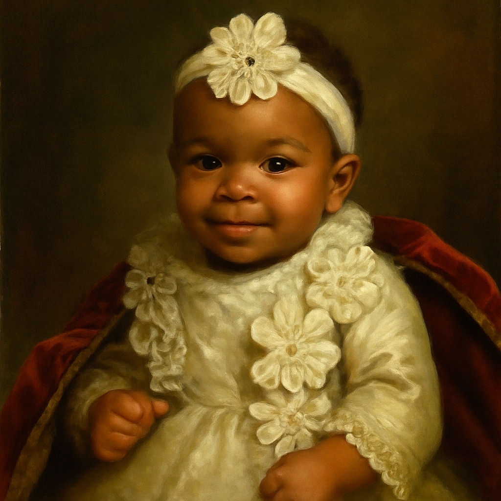 A charming baby dressed in an intricate white lace outfit with matching floral headband, nestled against a soft pink blanket, looking curiously at the camera with a gentle smile.