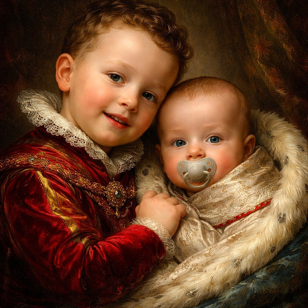 Two tiny diplomats negotiating pacifier territory under a sherpa blanket — a wide‑eyed baby stares calmly into the camera with a pacifier while a toddler leans in, clutching hands and offering backup pacifier support. Cozy, slightly conspiratorial nap‑time energy.