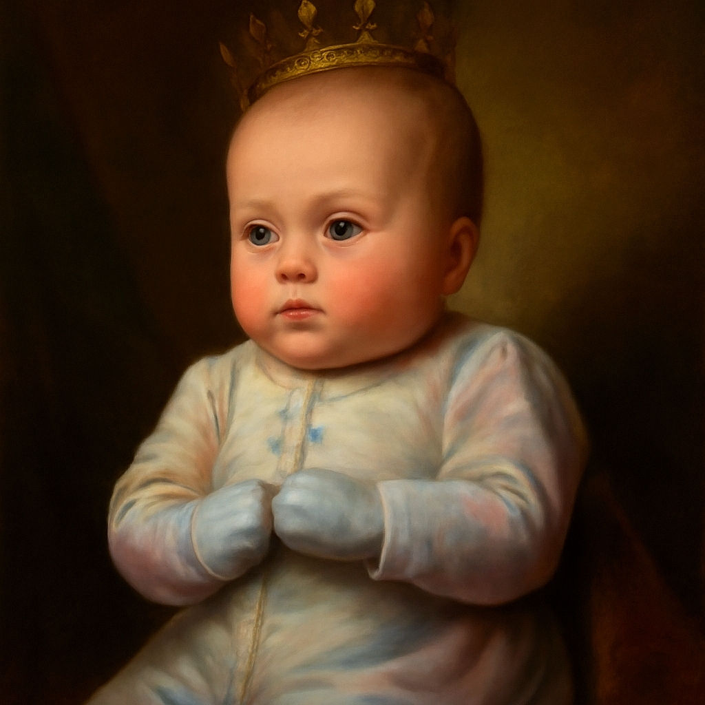 A cute baby dressed in a pastel tie-dye onesie lies comfortably on a colorful animal-patterned pillow, with a curious expression and a gentle hand holding one foot, surrounded by soft bedding.