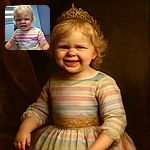 A joyful toddler with tousled blonde hair and a mischievous grin wears a colorful striped dress, standing indoors against a blue wall with a festive triangular flag banner and a chair in the background.