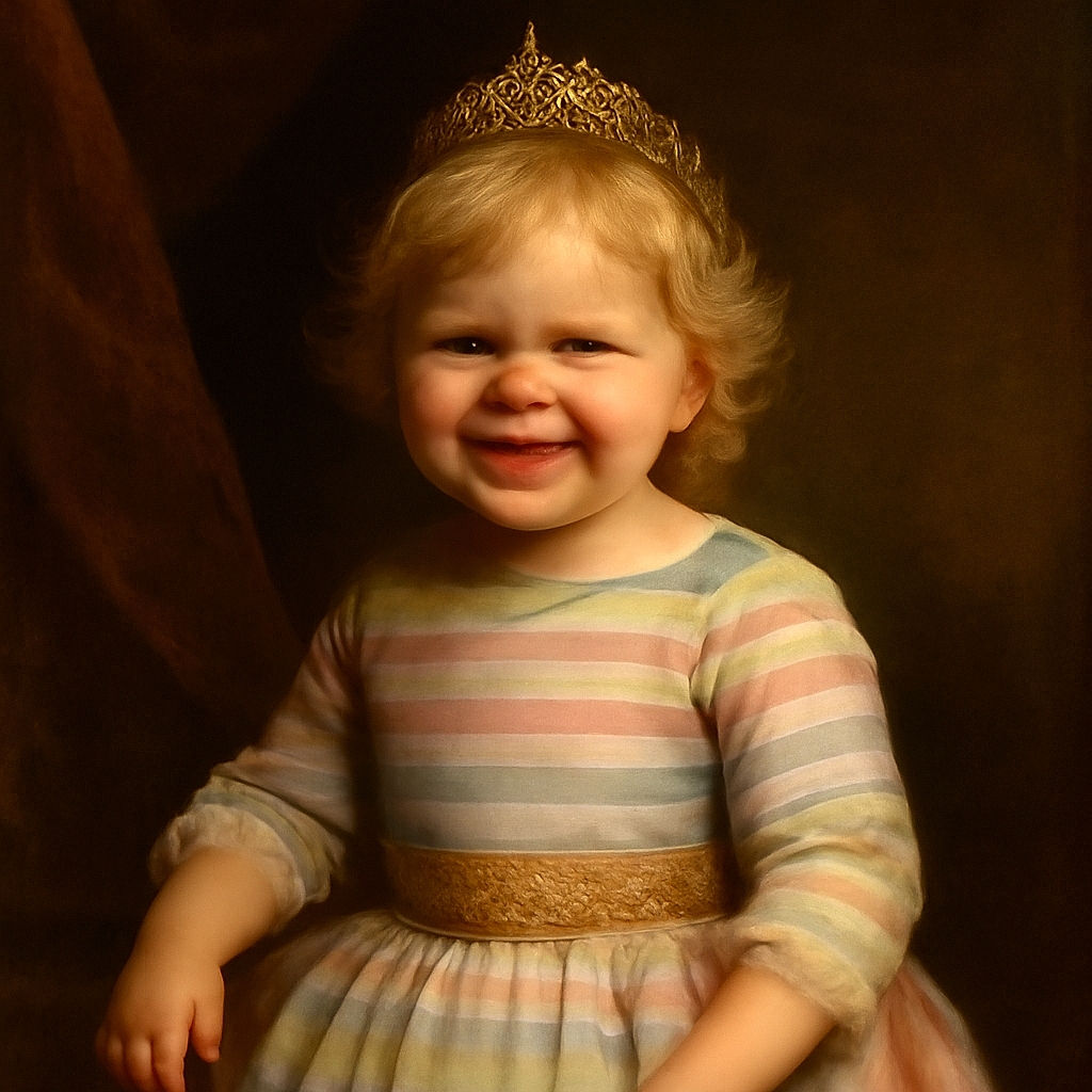 A joyful toddler with tousled blonde hair and a mischievous grin wears a colorful striped dress, standing indoors against a blue wall with a festive triangular flag banner and a chair in the background.