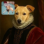 A cute tan dog with a black harness lounges comfortably on a teal bedspread, surrounded by cozy pillows and a fluffy blanket, with a bone-shaped chew toy just within paw's reach.
