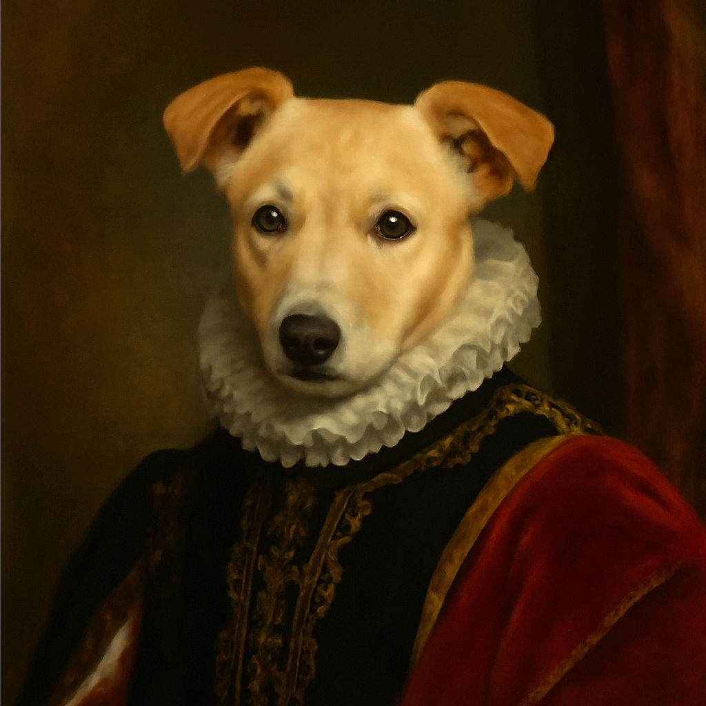 A cute tan dog with a black harness lounges comfortably on a teal bedspread, surrounded by cozy pillows and a fluffy blanket, with a bone-shaped chew toy just within paw's reach.