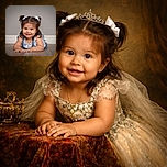 A joyful toddler with twin pigtails tied with white bows lies on a wooden floor, smiling brightly at the camera, dressed in a floral top and denim overalls, radiating pure cuteness and happiness against a simple gray background.