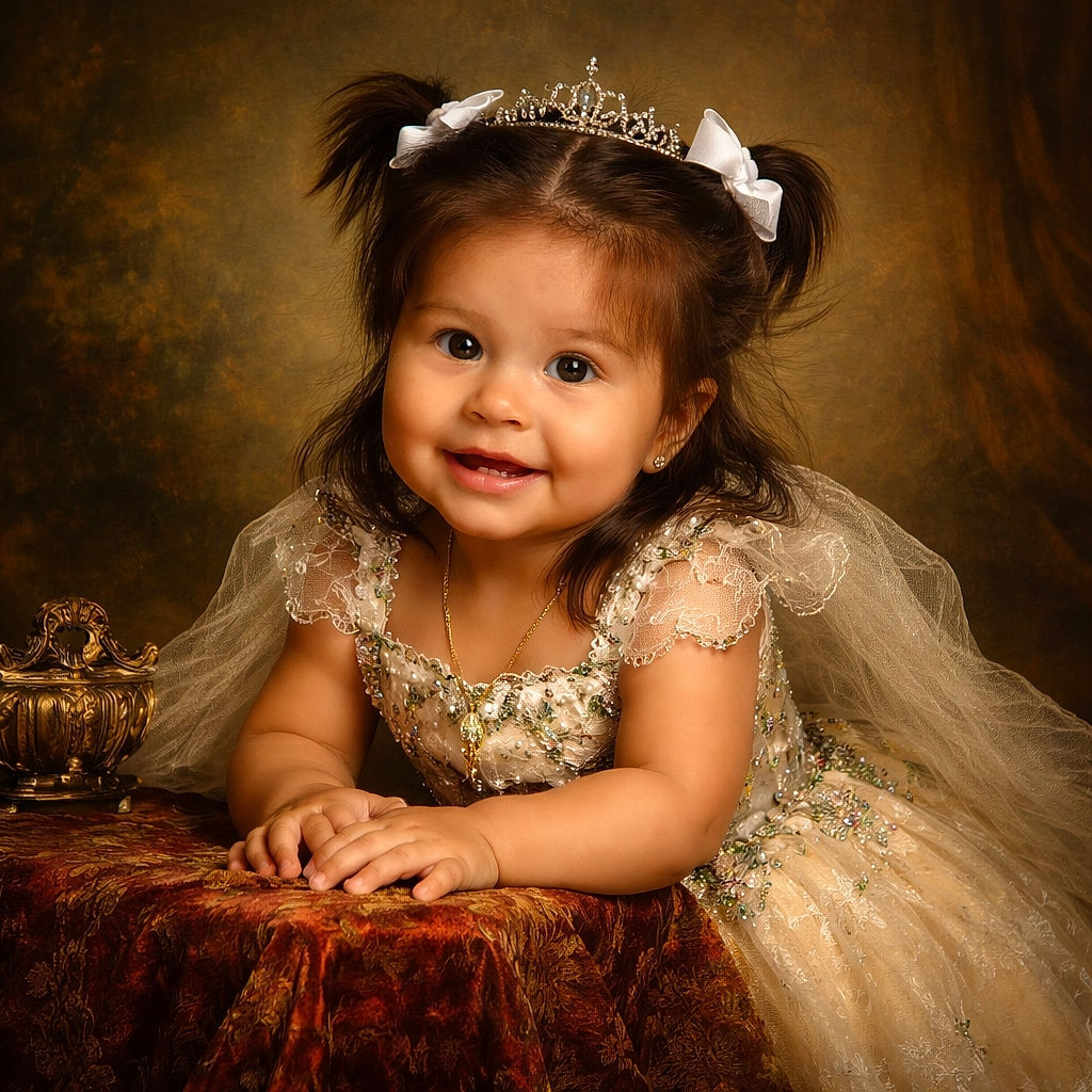 A joyful toddler with twin pigtails tied with white bows lies on a wooden floor, smiling brightly at the camera, dressed in a floral top and denim overalls, radiating pure cuteness and happiness against a simple gray background.