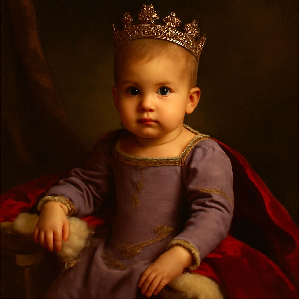 A curious toddler sits snugly inside a clear plastic storage container, gripping the edges while wearing a purple Minnie Mouse outfit. The scene is set on a patterned rug with cozy home furnishings in the background, capturing a playful and adorable moment.