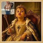 A tiny fashionista stands proudly in the living room, puckering up like she just invented the world’s most dramatic kissy face while clutching a shiny little treasure. Her curly hair is doing its own interpretive dance, and the chair, blinds, tiled floor, and coffee table complete the scene.