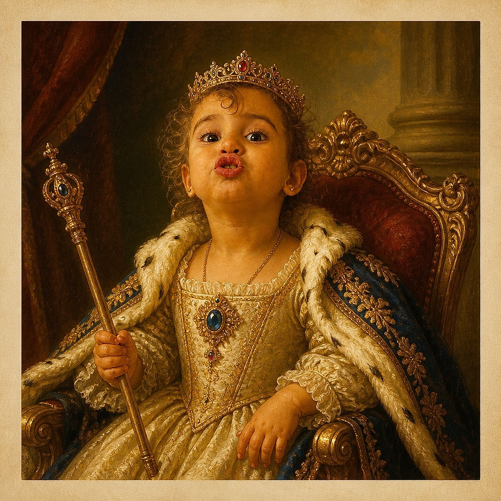 A tiny fashionista stands proudly in the living room, puckering up like she just invented the world’s most dramatic kissy face while clutching a shiny little treasure. Her curly hair is doing its own interpretive dance, and the chair, blinds, tiled floor, and coffee table complete the scene.