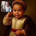 A cute toddler stands near a door, wearing a cozy beige top with a penguin print, striped pants with orange spikes, and a stylish tan headband studded with pearls, looking curious and playful while holding a small black object.