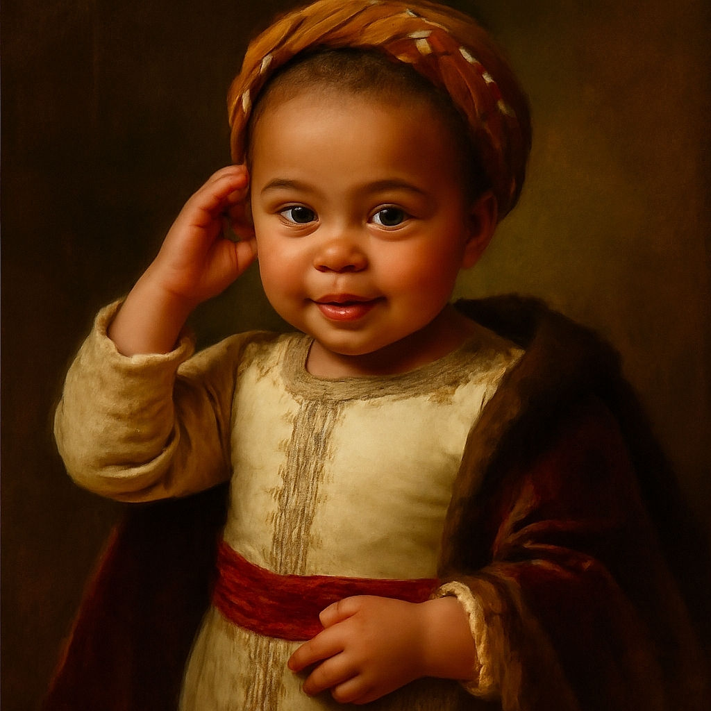 A cute toddler stands near a door, wearing a cozy beige top with a penguin print, striped pants with orange spikes, and a stylish tan headband studded with pearls, looking curious and playful while holding a small black object.