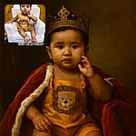A curious baby dressed in a bright yellow outfit with a lion face sits comfortably in a fluffy white armchair, looking directly at the camera with wide, inquisitive eyes, against a warm mustard yellow backdrop.