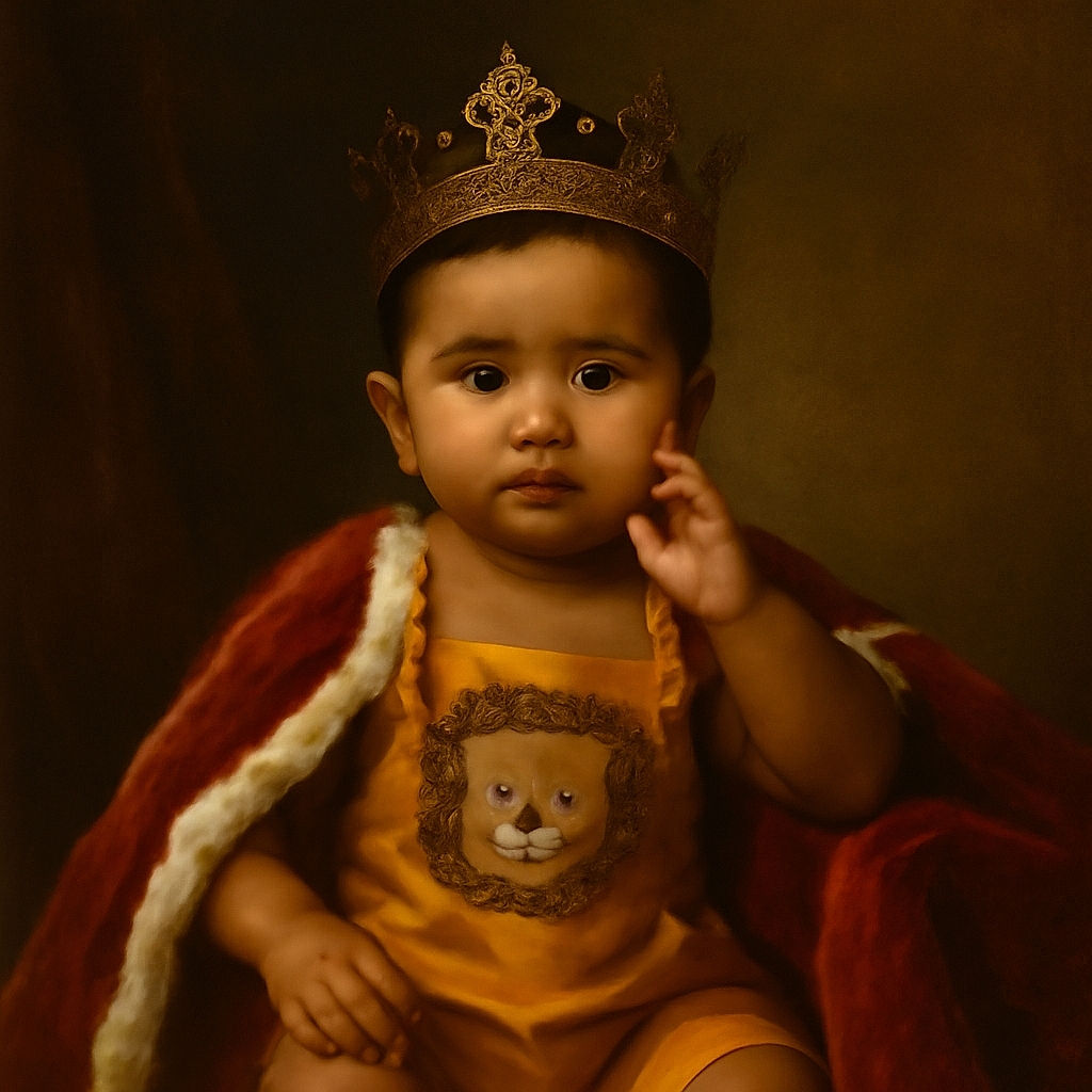 A curious baby dressed in a bright yellow outfit with a lion face sits comfortably in a fluffy white armchair, looking directly at the camera with wide, inquisitive eyes, against a warm mustard yellow backdrop.