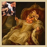 A cheerful baby lies on a dark bedspread wearing a white top, a dramatic black-and-gold tulle skirt, and an enormous bow that appears to be auditioning for the role of “Most Fabulous Headwear.” A small Sunday timestamp adds a scrapbook-like touch.