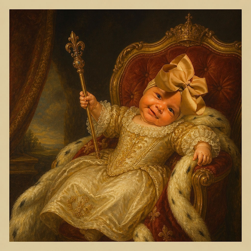 A cheerful baby lies on a dark bedspread wearing a white top, a dramatic black-and-gold tulle skirt, and an enormous bow that appears to be auditioning for the role of “Most Fabulous Headwear.” A small Sunday timestamp adds a scrapbook-like touch.