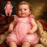 A cute baby in a pink romper lies on a dark surface, looking off to the side with a curious expression. The baby's chubby arms and legs are visible, framed by the legs of an adult, creating a cozy and intimate scene.