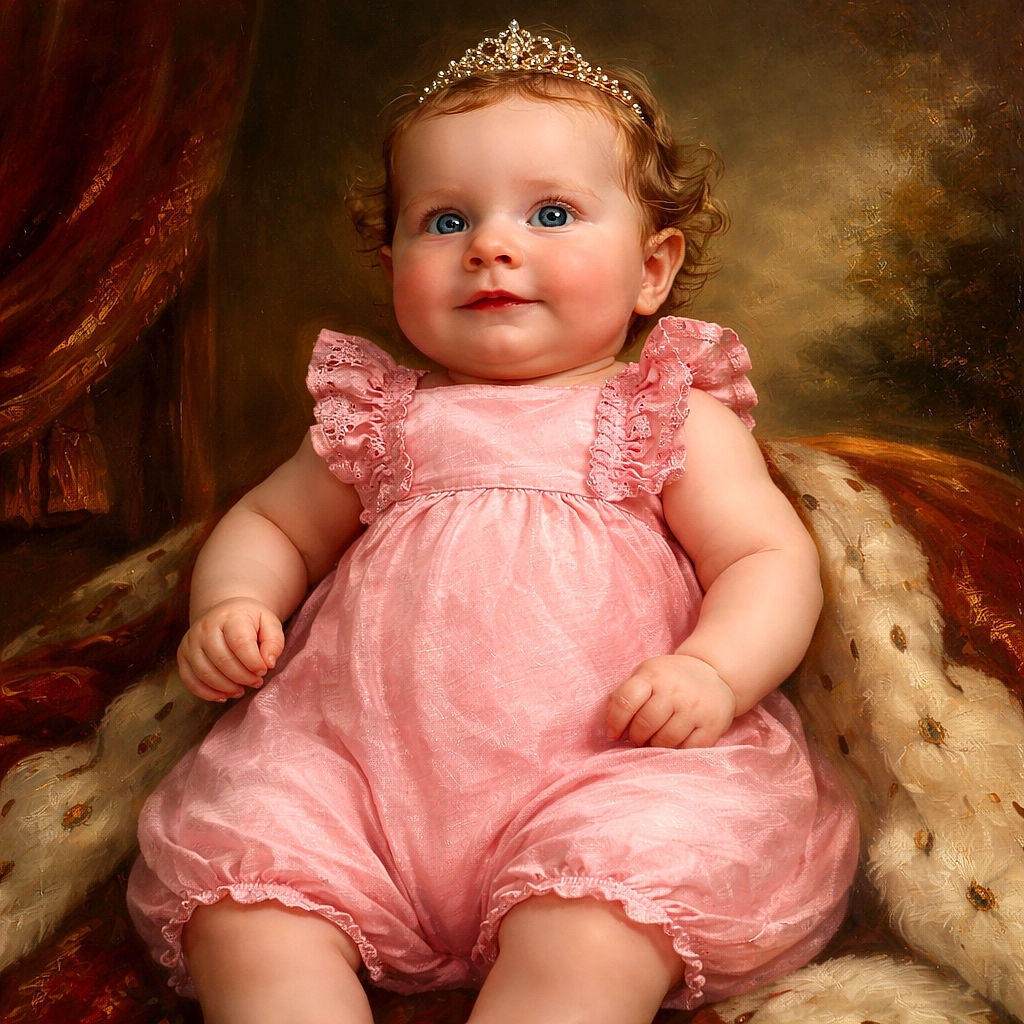 A cute baby in a pink romper lies on a dark surface, looking off to the side with a curious expression. The baby's chubby arms and legs are visible, framed by the legs of an adult, creating a cozy and intimate scene.