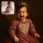 A joyful toddler in a cozy pink outfit with a heart pattern is kneeling on a fluffy white bedspread, beaming with a wide open-mouthed smile that lights up the softly blurred background.