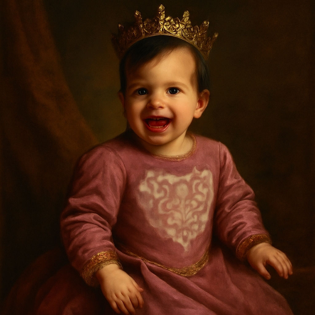 A joyful toddler in a cozy pink outfit with a heart pattern is kneeling on a fluffy white bedspread, beaming with a wide open-mouthed smile that lights up the softly blurred background.