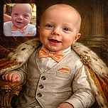 A charming baby dressed in a dapper vest and bow tie flashes a joyful smile, surrounded by rustic hay bales and a sunny outdoor backdrop, while a playful 'I ❤️' text floats above, expressing love in the cutest way possible.