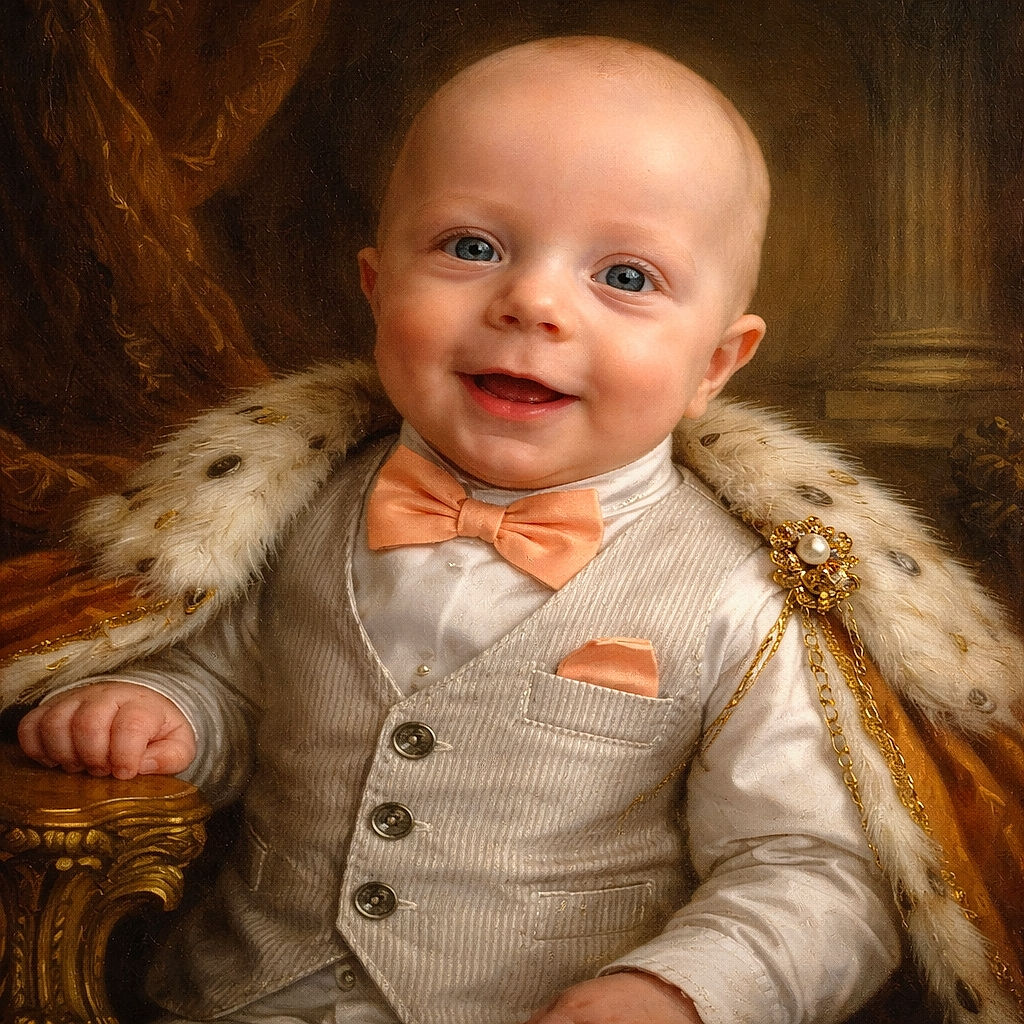 A charming baby dressed in a dapper vest and bow tie flashes a joyful smile, surrounded by rustic hay bales and a sunny outdoor backdrop, while a playful 'I ❤️' text floats above, expressing love in the cutest way possible.