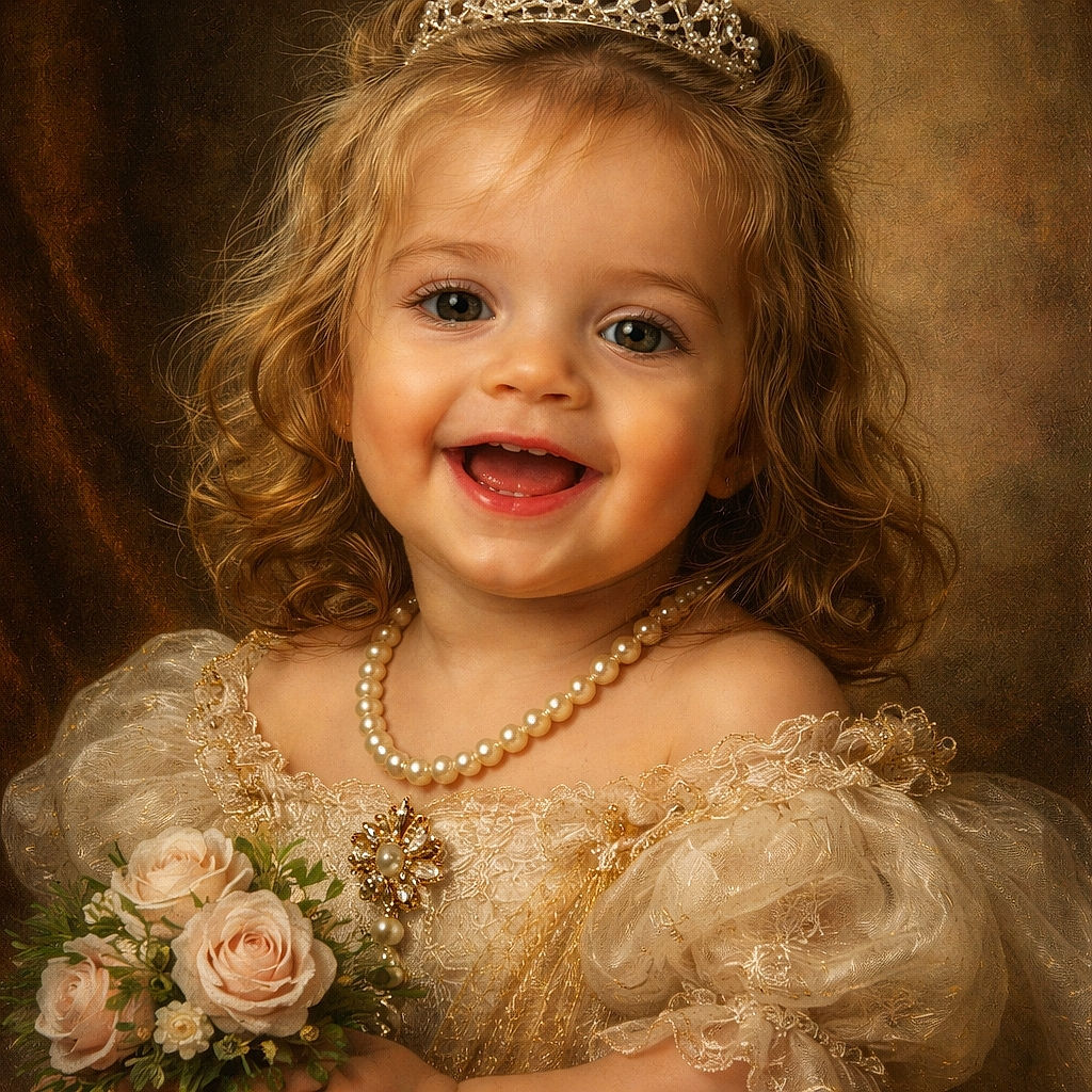 A giggling toddler with spaghetti-sauce cheeks and a triumphant grin — hair tousled, tongue peeking, and the face of someone who just won mealtime. The close-up captures sticky orange evidence of culinary victory and pure joyful chaos.