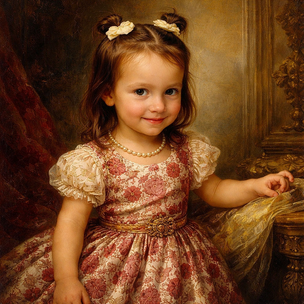 A little girl with playful hair bows and a floral dress strikes a cheeky pose in front of a white brick wall decorated with red hearts and bold black 'XOXO' graffiti, radiating sweet mischief and charm.