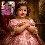 A cute little child in a bright pink dress strikes a playful pose with arms crossed and tongue out, set against a cozy indoor background with soft lighting and household items slightly blurred.
