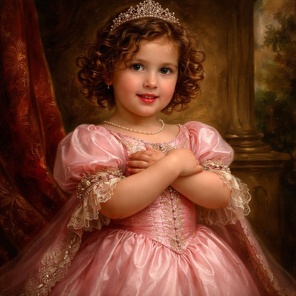 A cute little child in a bright pink dress strikes a playful pose with arms crossed and tongue out, set against a cozy indoor background with soft lighting and household items slightly blurred.