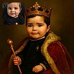 A close-up portrait of an adorable toddler with sparkling eyes and a slight smile, wearing a black shirt with a golden design, sitting comfortably against a dark chair background.