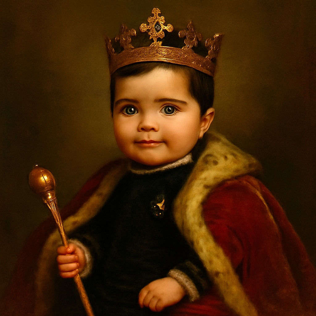 A close-up portrait of an adorable toddler with sparkling eyes and a slight smile, wearing a black shirt with a golden design, sitting comfortably against a dark chair background.