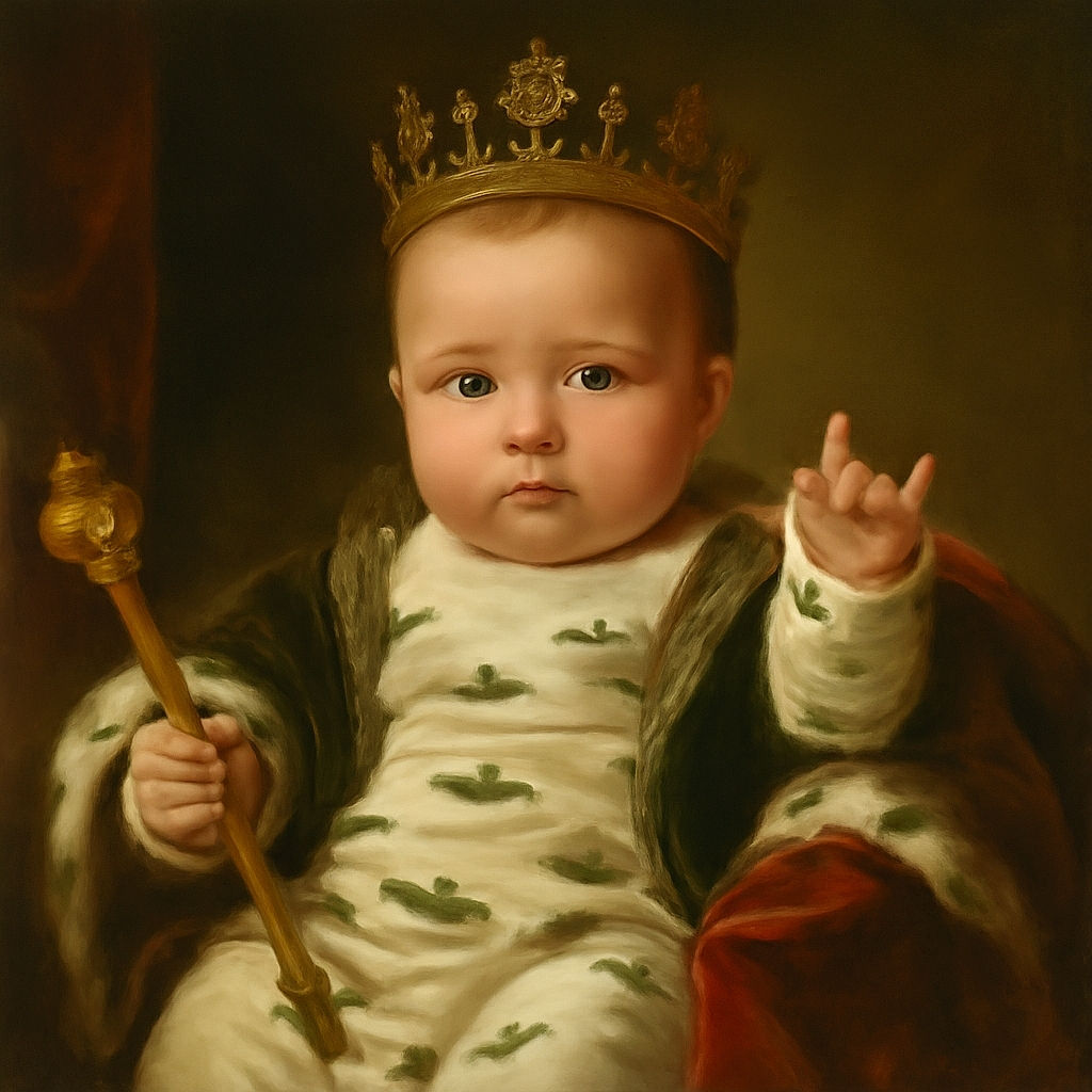 A cute baby chilling on a comfy gray couch, dressed in a cozy white outfit covered with playful green alligator prints, looking curiously at the camera with one hand making a fun gesture.