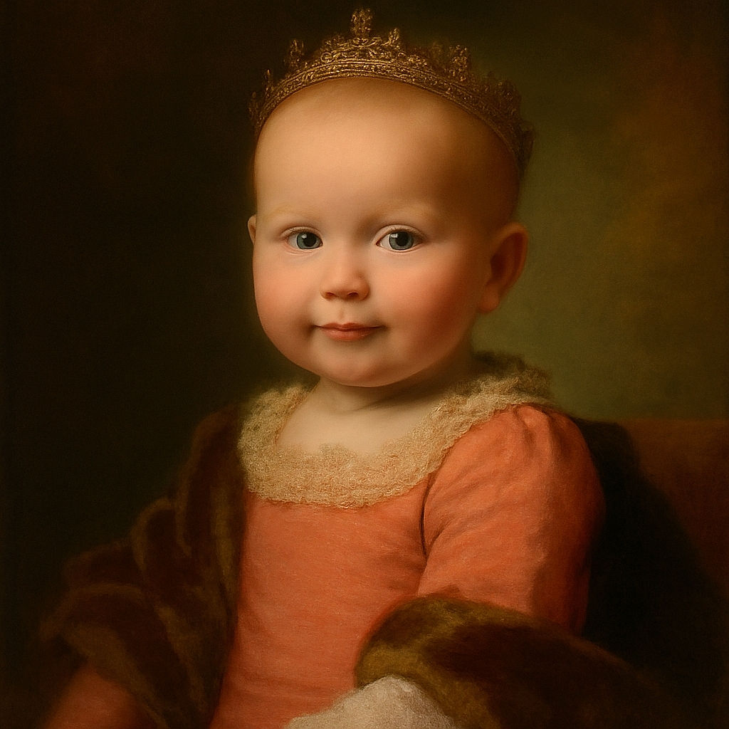 A close-up photo of a curious baby with bright eyes and a soft expression, wrapped in cozy blankets and wearing a pink outfit with white buttons, bathed in warm gentle lighting.