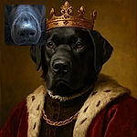 An adorable close-up of a black dog's face, focusing on its shiny nose and soulful eyes, with a soft wooden floor background.